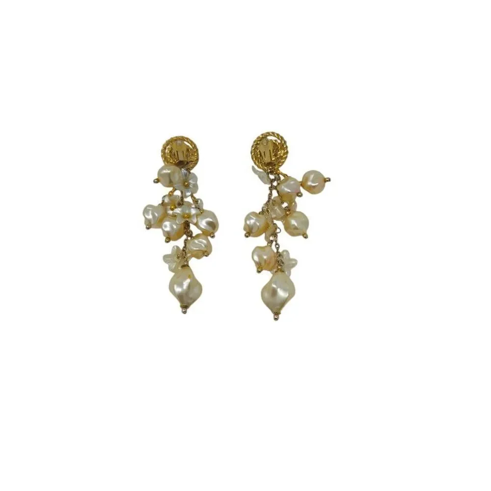 Large Vintage Runway Statement Gold Swirl & Floral Pearl Beaded Dangle Earrings